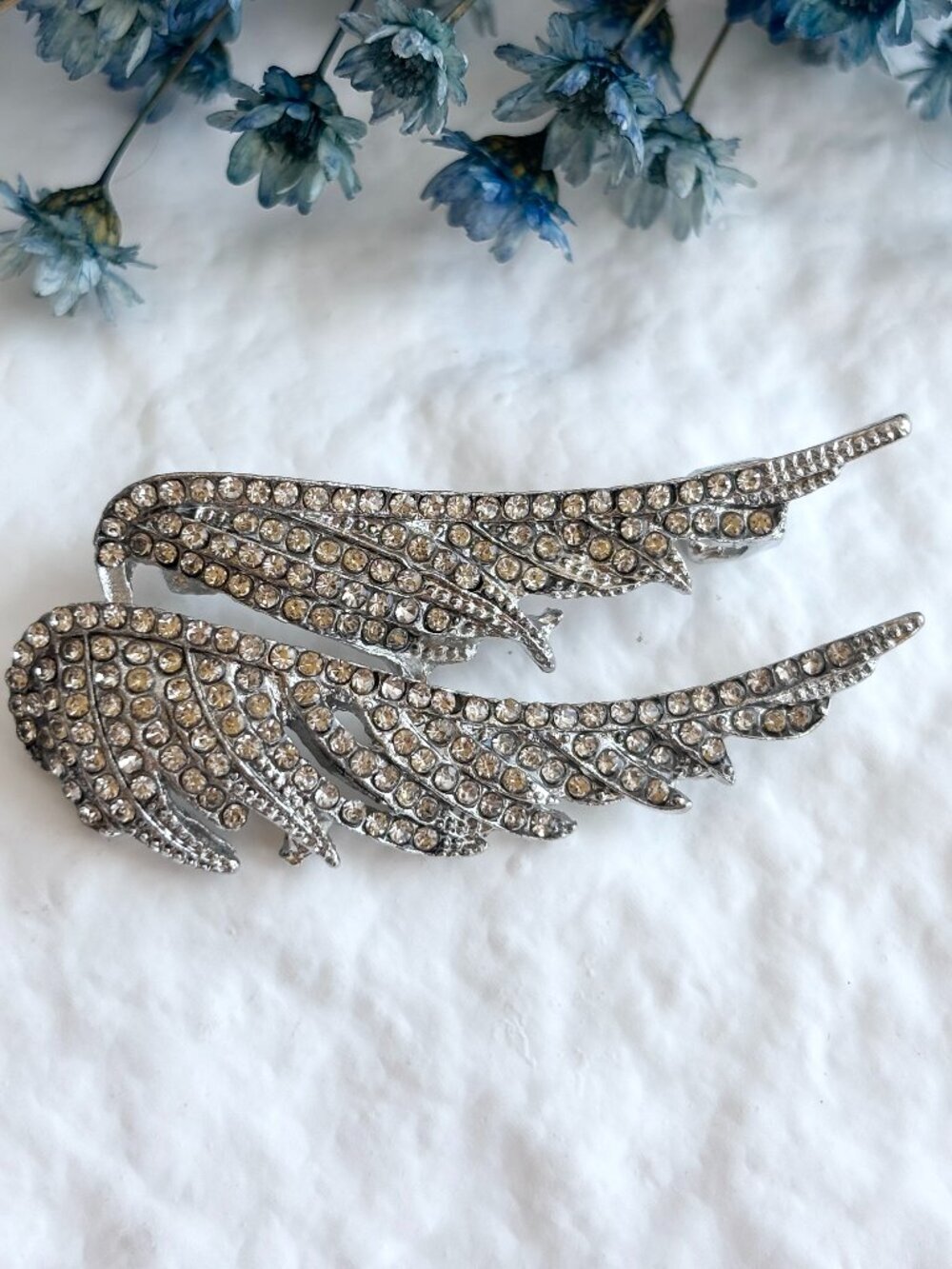 Double Angel Wing Silver Toned Rhinestone Accented Vintage Inspired Brooch Pin